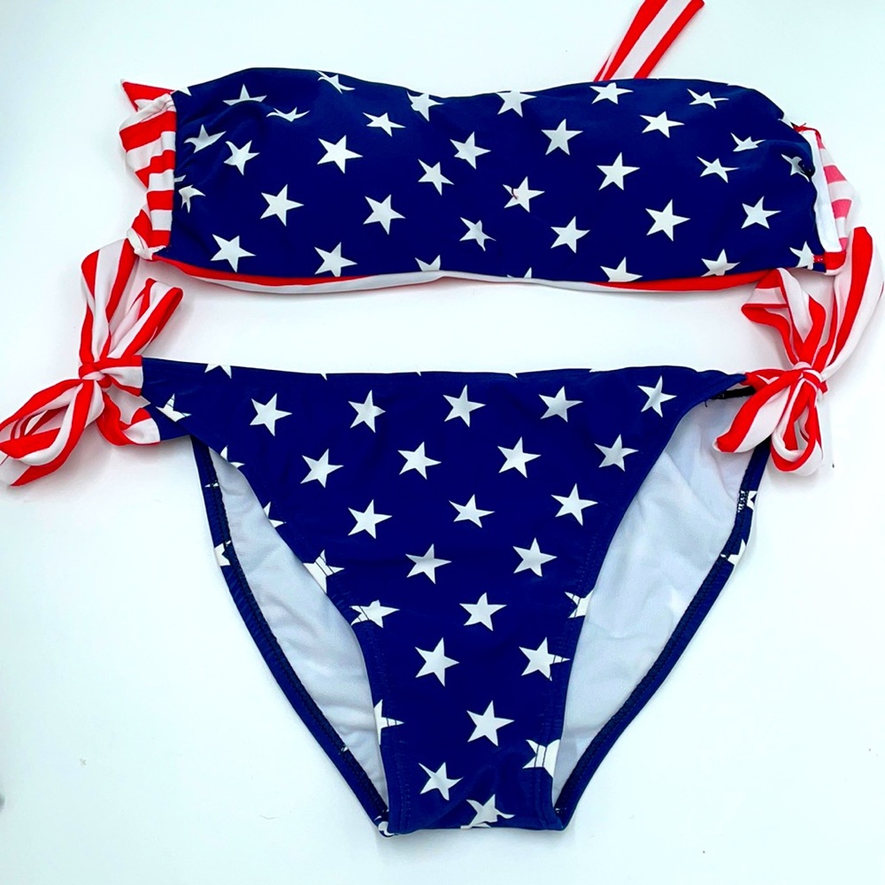 Patriotic American Flag Stars & Stripes Bikini Set  with Reversible Top